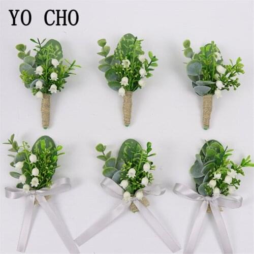 YO CHO White Green Boutonniere Artificial Plant Lily of the Valley Bracelet Bride Wrist Corsage Forest Style Wedding Boutonniere
