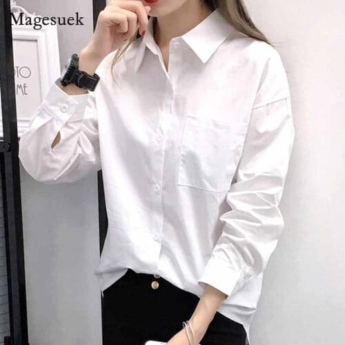 Oversize Shirt Women Long Sleeve Cotton Mid-length Loose White Shirt Autumn Pocket Lapel Blouse Office Lady Casual Tops 12652