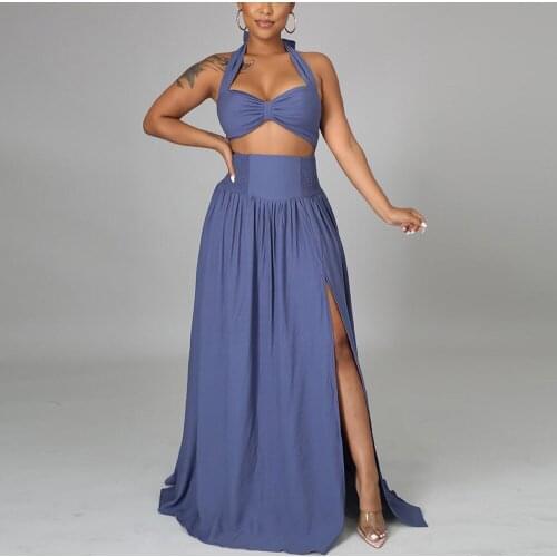 2021 New Summer Skirts Sets Solid Crop Tops & High Waisted Skirt High Split Sexy Evening Night Club Outfits Matching Sets Hot