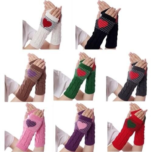 Women Winter Twist Cable Knit Half Finger Gloves Sweet Heart Jacquard Driving Fingerless Mittens Thumbhole Arm Warmers