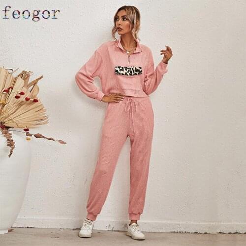 FEOGOR 2021 Womens Clothing Fashion Fall Autumn Two-Piece Suit Zipper Lapels Leopard Print Long Sleeve Home Wear Casual Suit