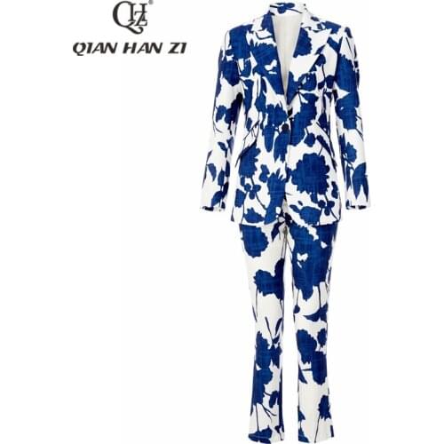 Qian Han Zi Winter Designer Fashion Fall Suit Long-sleeved Single Button suit coat+Casual blue Print pants vintage 2-piece set