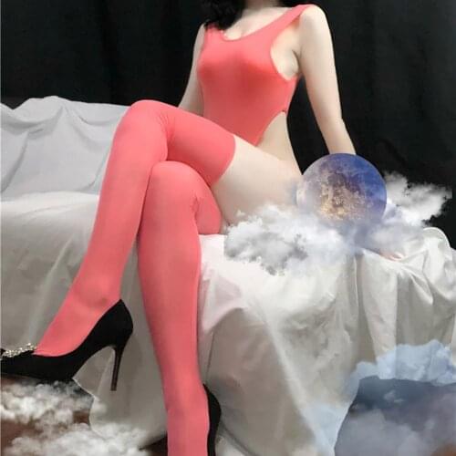 Women Erotic Solid Color Sleepwear See Through Sleeveless Bodysuit Stockings