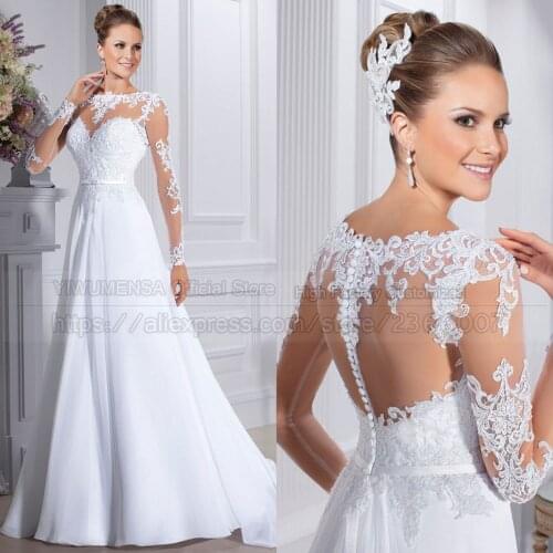 Vestidos De Novias See Through Tulle Back Design Chiffon Bridal Gown Long Sleeves Nude Vintage Boho A Line Wedding Dresses 2021
