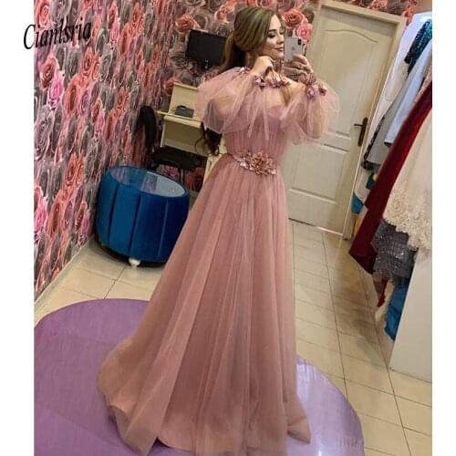 2020 Pink Dubai Muslim Evening Dresses Long Illusion Long Sleeve Flowers Tulle Formal Evening Party Gowns Robe De Soiree