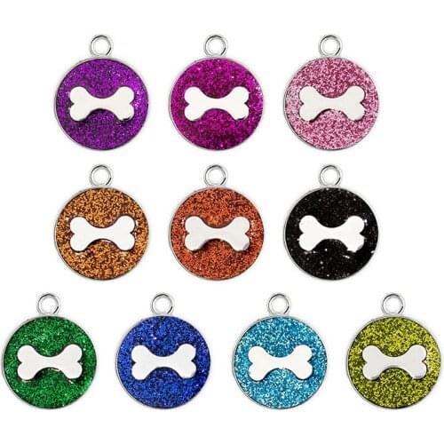 100PCS 10 Color Glitter Cute Dog Bone Round Pendant Necklace Charms For Handmade Jewelry Key Chains Necklace