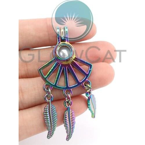 10X Vintage sector Shaped Pendant With Feather Essential Oil Diffuser Beads Cage Locket Pearl Jewelry