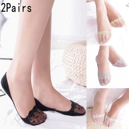 2Pairs Summer Boat Socks Women Short Lace Socks Hollow Out Female Socks Soft Low Invisible Socks Anti-Skid Cotton Stealth Socks