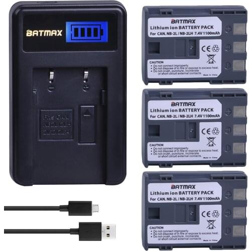 3Pcs 1100mAh NB-2L NB-2LH NB 2L NB 2LH Camera Li-ion Battery + LCD USB Charger for Canon DC310 DC320 DC330 DC410 DC420 HV20 HG1