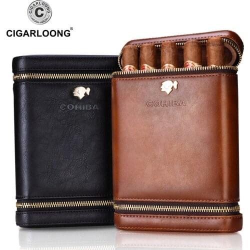 COHIBA Luxury Travel Cigar Case Holder Portable Cedar Wood leather humidor Humidifier Moisturizing free ship CF-0135