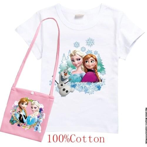 Disney summer T-shirt Frozen Elsa girls pure cotton T-shirt + bag set Girls fashion casual short-sleeved toddler tshirt clothes