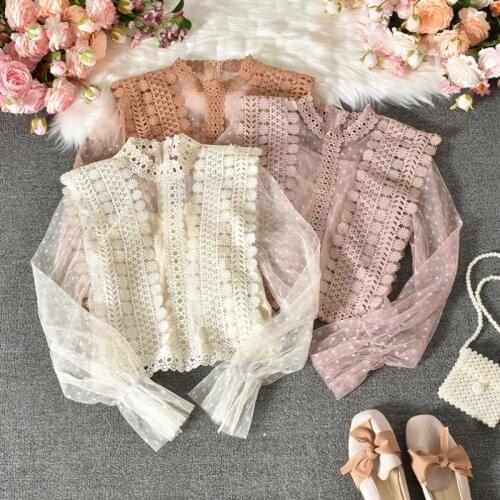 Women Net Yarn Mesh Stitching Bottoming Flowers Lace Shirts Flare Sleeve Ruffles Blouses Long-sleeved 2Pcs/set Crop Tops Blusas