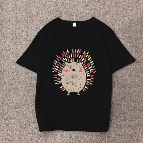 Spring Summer New Style Women Tshirt Hedgehog Print Short Sleeve Round Neck Cotton Spandex Women Tops Slim Fit Women T-shirt