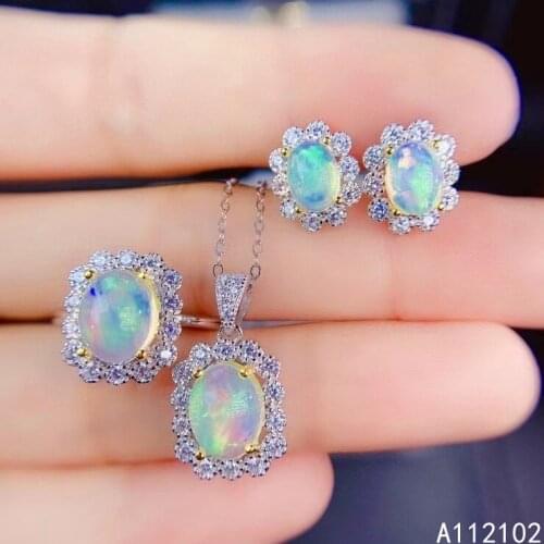 KJJEAXCMY fine jewelry 925 sterling silver inlaid natural opal Popular flower girl ring pendant eardrop set support test