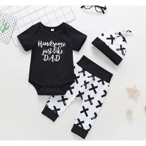 Baby Boy Clothing Set 2019 Summer Short Sleeve Handsome Just Like Dad Romper+Pants+Hat 3 Pieces Infant Baby Boy Clothes Outfits