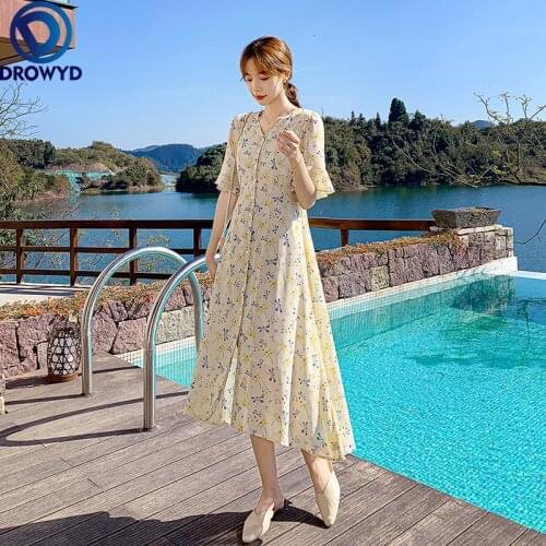 Summer Yellow Floral Chiffon Midi Sundress 2021 New Elegant Women Plus Size Boho Beach Dress Party Short Sleeve Runway Vestidos