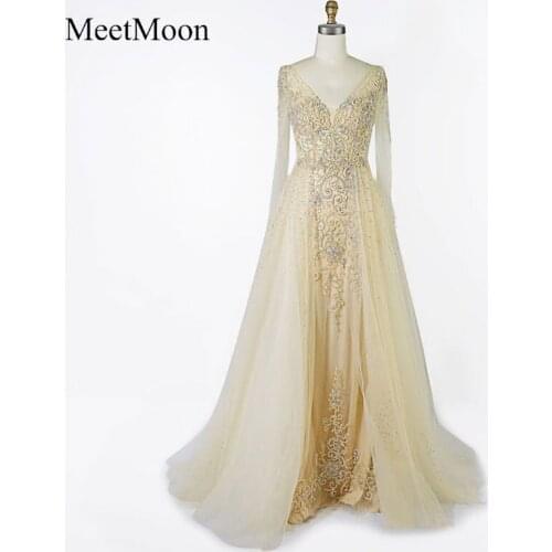 MeetMoon Long Sleeve Dress evening A-line V-neckline Rhinestone Beaded Formal Reception Birthday Party Gown ME009