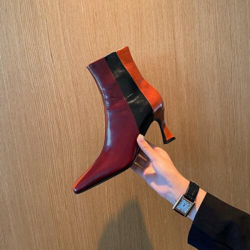 Mixed Color Fashion Pointed Toe Thin High Heels Women Ankle Boots Top Quality Genuine Leather Sexy Elegant Party Prom Shoes