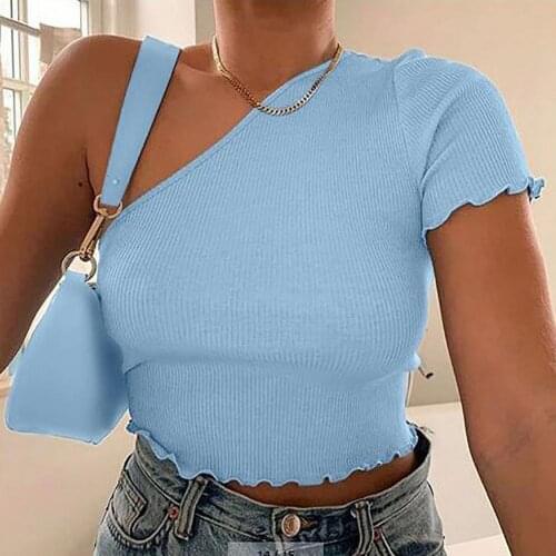 Solid Color Short Sleeve T-Shirt for Women Summer Sexy One Shoulder Tank Top Tshirts Women Slim Short Crop Top Femme Tshirts