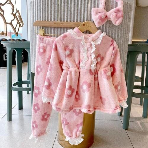 2020 Autumn and Winter Korean Girl Pajamas Suit Cute Princess Style Flannel Pajama Sets Two-piece Homewear for Girls Sleepwear