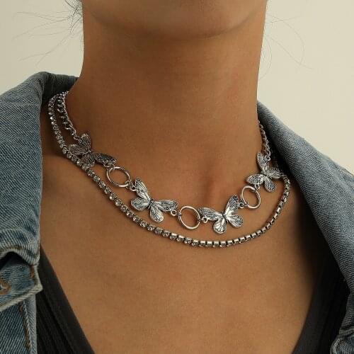 Alloy Butterflies Choker Rhinestone Clavicle Chain Necklace for Women Double Chains Retro Silver Color 2021 Fashion Jewelry New