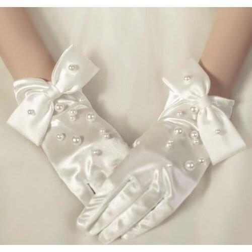 White Pearl Beaded Bowknot Wedding Gloves Fingers Short Satin Bridal Gloves Women Guantes Wedding Accessories For Bride