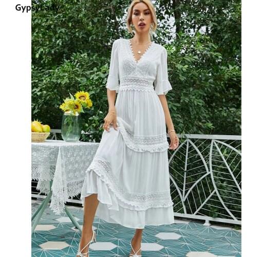 GypsyLady White Lace Maxi Dress 100% Cotton Vintage Women Summer Holiday Dress Casual Chic Ruffle Boho Sexy Ladies Beach Dresses