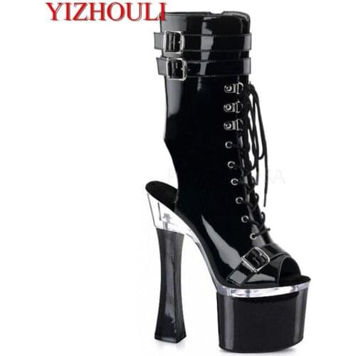 Professional customize 18 cm platform high-heeled Stiletto stage shoes fashion strap boots 8 inch black strappy ankle boots
