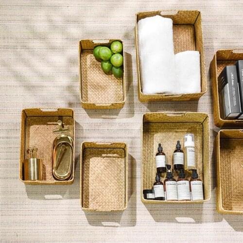 Retro Hand-woven Seaweed Storage Basket Household Rectangular Sundries Organizer Storage Box for Home Clothes
