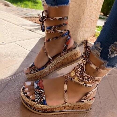 Fashion Women Sandals Summer Snake Wedge Shoes Ethnic Print Fashion Casual Lace Up female Shoes Beach Ladies Sandalias