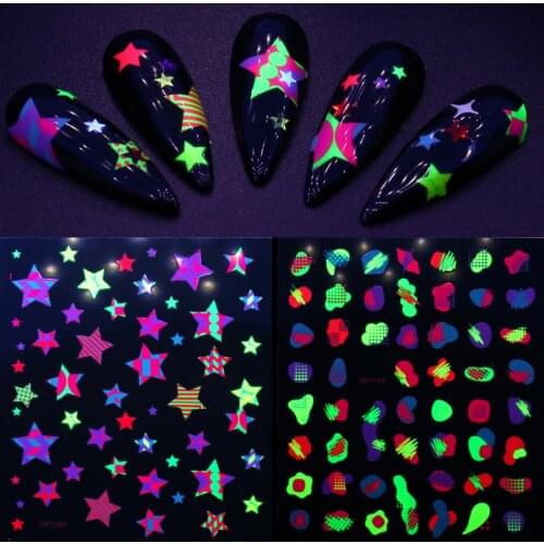 Luminous 3D Nail Sticker Glow In Dark Fluorescence Adhesive Sliders Star Cute Flowers Geometry Manicure Art Decals BEDP3181-3192