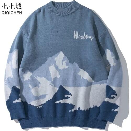 Snow Mountain Knitted Sweater Men Women Korean Hip Hop Streetwear Soft Pullover Men Letter Harajuku Autumn Winter Sweaters 2021