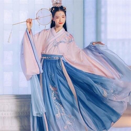 Chinese Traditional Women Hanfu Folk Costume Stage Performance Dance Costumes Outfits Fairy Embroidery Female Princess Clothing