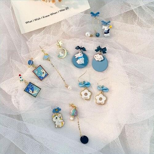Korean Version Of The New Elegant Blue Earrings Cartoon Rabbit Universe Planet Pendant Retro Bow Ear Jewelry Female