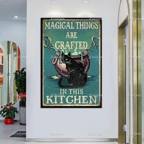 Magical Things Are Grafted In This Kitchen Prints, Vintage Cat Poster, Black Cat Witch Canvas, Home Decor, Wall Art Unique Gift