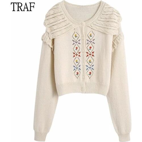 TRAF Za Embroidery Womens Cardigan Knit Jacket 2021 Autumn Long Sleeve Top Woman Clothing Vintage Lapel Button Cardigan Sweater
