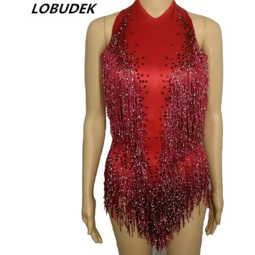Women Red Gold Tassels Sleeveless Bodysuit Sparkly Crystals Backless Bodysuits Sexy Pole Dancing Costume Bar DJ Stage Club wear