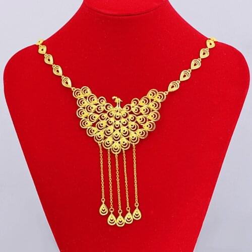 24k Pure Yellow Gold Pendant Necklaces for Women Phoenix Chain Gold Necklace Chain Set Bride Wedding Fine Gold Jewelry Gift 2021