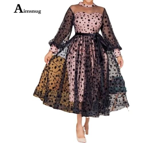 Women Mid-Calf Dress 2021 African Style Party Dresses Long Sleeve Patchwork Guaze Dot Dress Sexy Femme Clothing Plus Size S-5XL