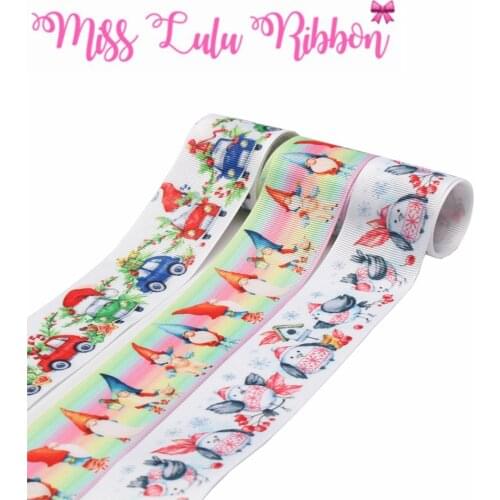 16mm-75mm Christmas Series Santa Claus Red Hat Printed Grosgrain/Foe Ribbon Gradient Color DIY Hair Bands Gift Pack 50yards/roll