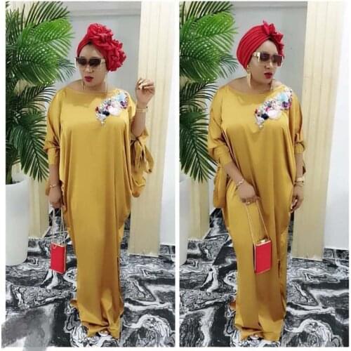 African Clothes Casual Silk Maxi Dress Women Dashiki Loose Solid O-Neck Bat Sleeve Bazin Robe Long Dress Evening Dress Party