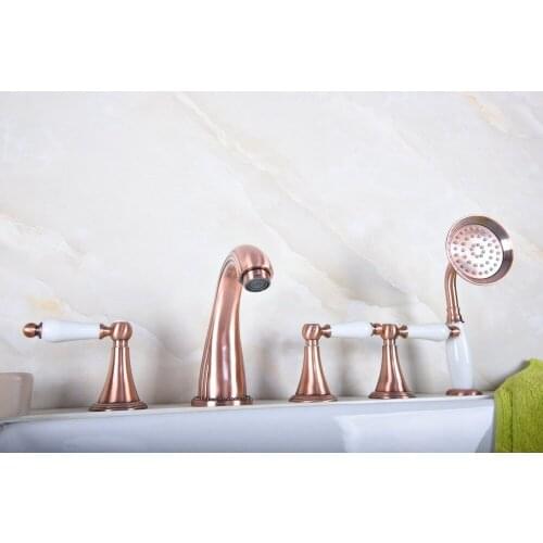 Antique Red Copper Brass Widespread Three Handles Deck Mounted 5 Holes Bathroom Tub Faucet Mixer Tap With Handshower mtf191
