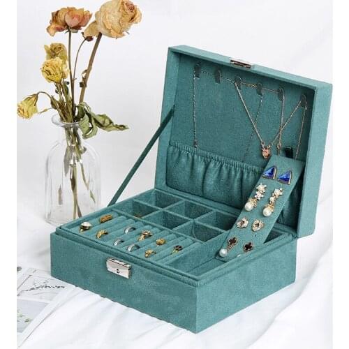 Green Velvet Double-layers Portable Multi-functional Necklace Ring Bracelet Jewelry Boxes Fashion Earring Holder Organizer