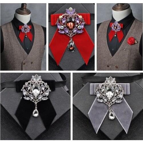 Velvet Rhinestone Bow Tie Handmade High-end Mens Groom Wedding Banquet Business Emcee Nightclub Accessories British Bowtie