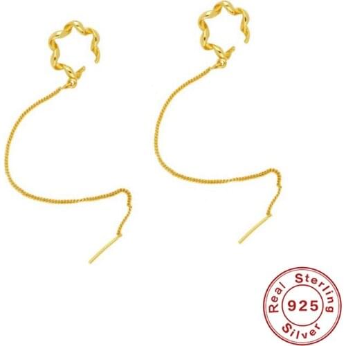 BOAKO 925 Sterling Silver Dangle Long Chain Tassel Clip Earrings For Women Girls Single Twist Circle Ear Cuff European Jewelry