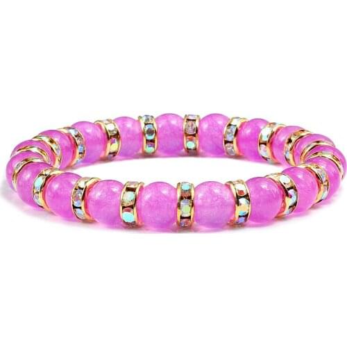 Classic 8mm Fuchsia Natural Chalcedony Couple Charm Bracelet For Women Fashion Crystal Elasticity Bangles Bracelets Men Jewelry
