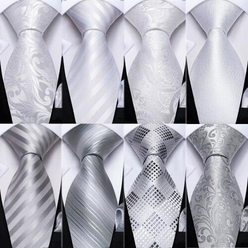 DiBanGu Designer White Gray Sliver Mens Ties Hanky Cufflinks Set Silk Neck ties For Men Wedding Party Business Mens Tie