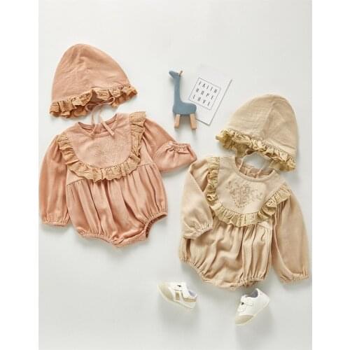 Newborn Baby Romper Flax Princess Baby Girls Clothes With Hat Toddler Girl Romper Lace Autumn Infant Jumpsuit For Girls Outfits