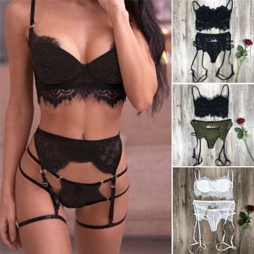 2020 Valentines Day 3PCS Women Sexy Lace Exotic Lingerie Set G-String Underwear Babydoll Open Bra Set See-through Nightwear Set