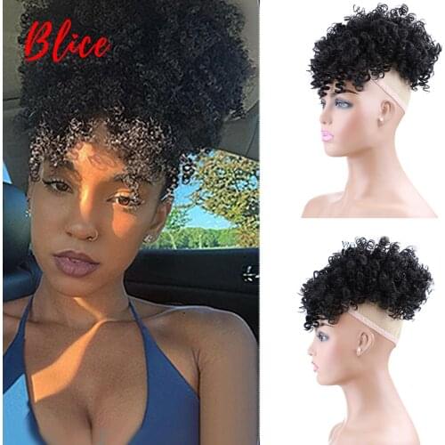 Blice Short Synthetic Afro Kinky Curly Ponytail High Puff Drawstring Hairpiece with Bangs Clip in Hair ExtensionS 140g/PCS